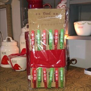 Festive Card Garland with 12 Red and Green Clips and Red Ribbon